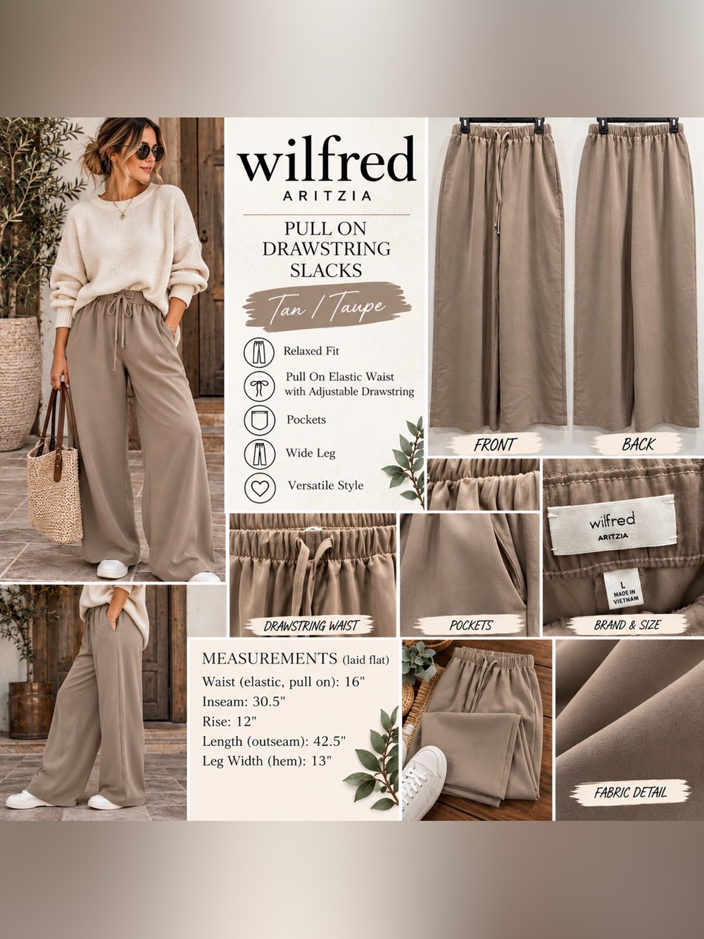 Wilfred Aritzia Wide Leg Pull On Pants Large Taupe Drawstring Elastic Waist